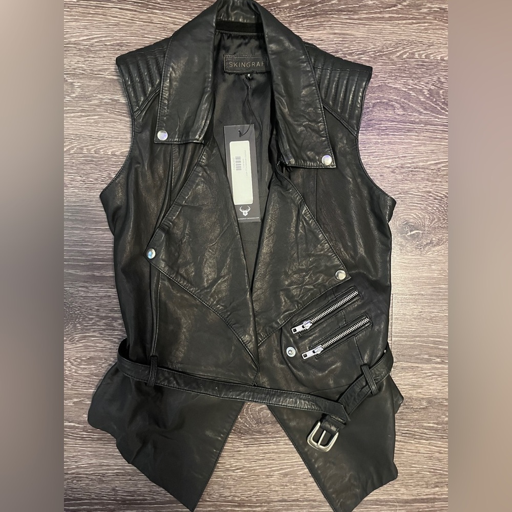 Brand new with tags Skingraft black leather motorcycle style vest